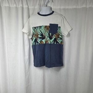 Crazy 8 Shirt Boys Medium 7-8 White Blue Tropical Palm Pocket Ringer Tee Top
